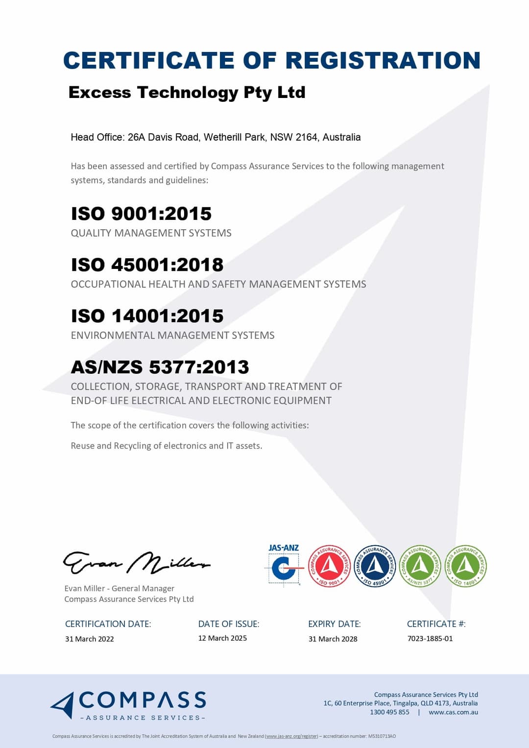 Certificate of Registration - ISO 9001, 45001, 14001, AS/NZS 5377